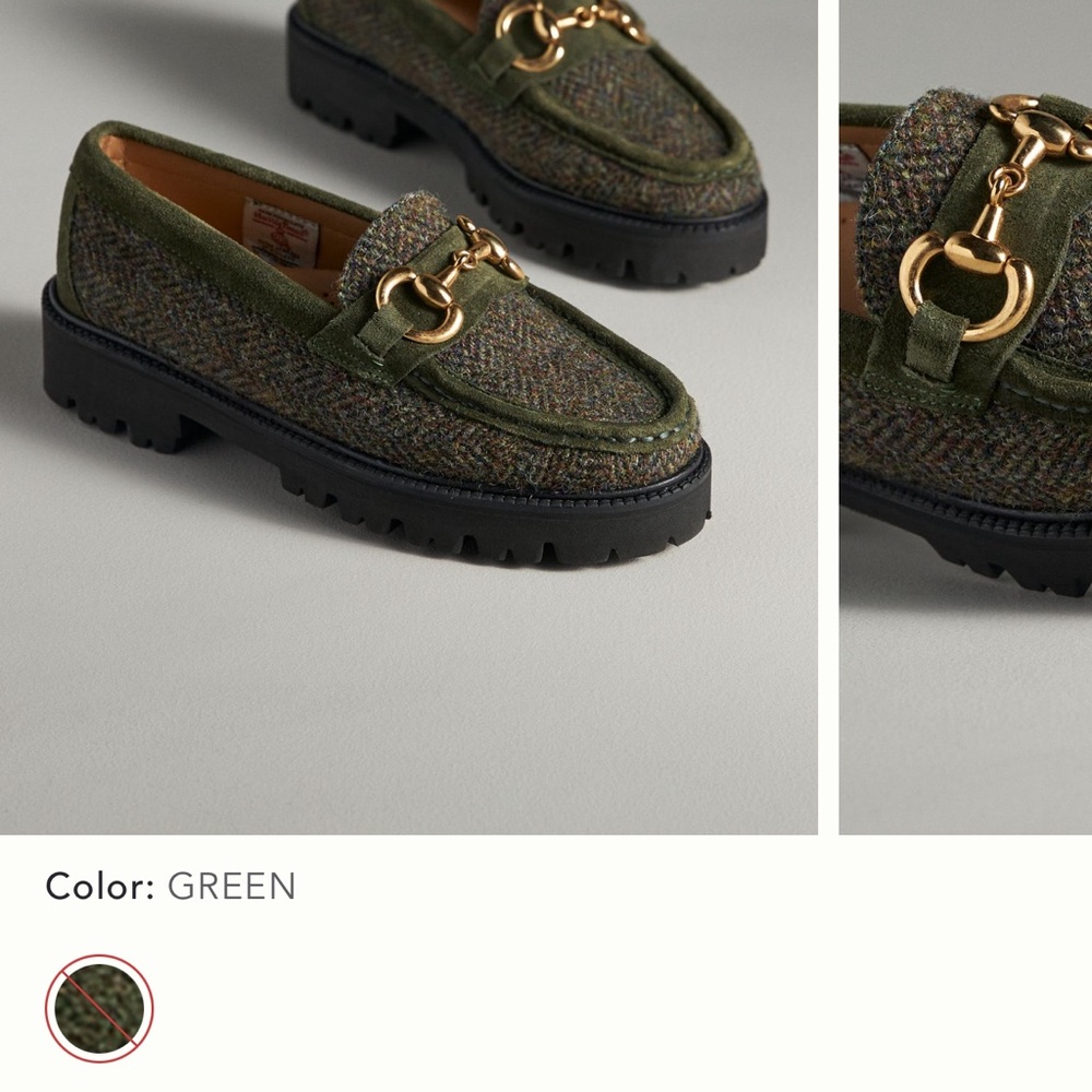 Anthropologie G.H. Bass Weejuns green tweed loafers with gold accents